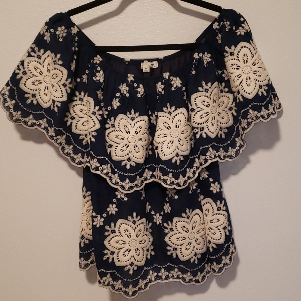 Off Shoulder Blue Eyelet Cream Floral Top Size M